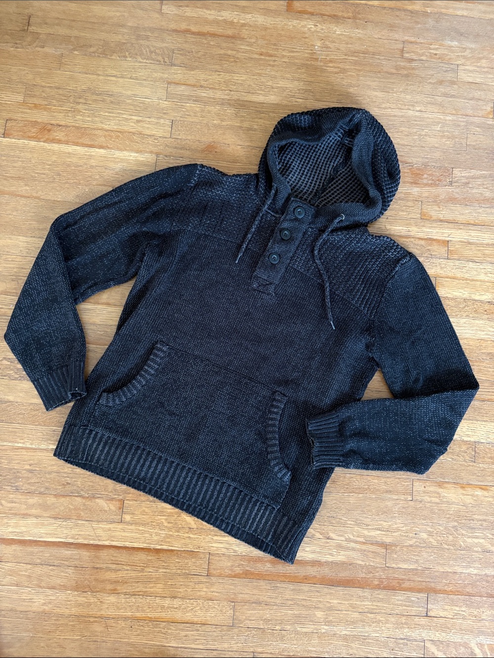 Retrofit Black Hooded Zip-Up Knit Sweater